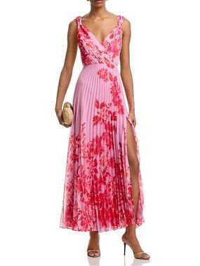 AQUA Pink Floral V-Neck Pleated Maxi Dress- size S